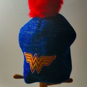 DC Comics Vintage Blue Red Yellow Wonder Women With Logo Beanie Hat‎ Red Puff.